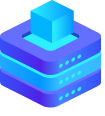 A purple cube has a smaller purple cube on top of it. On the front of the larger cube is a light blue circle.