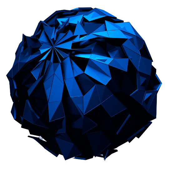 A blue and grey ball made up of metallic rings hovers above a purple graphic rippled like waves.